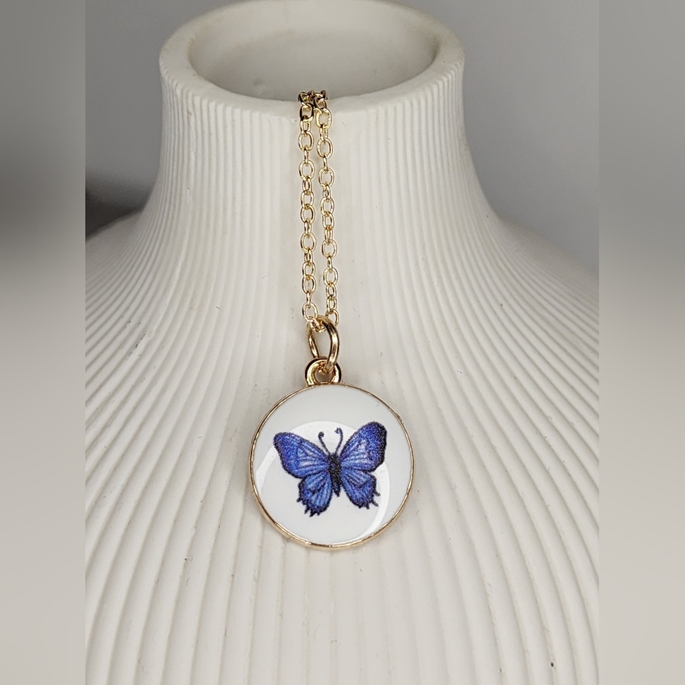 Gold Tone Blue Butterfly Pendant Necklace